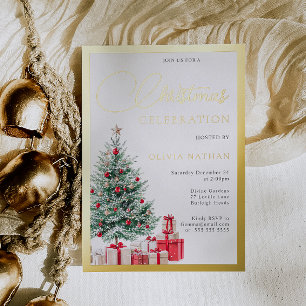 Invitación Con Relieve Metalizado Árbol Festivo Familia Fiesta de Navidad Corporativ