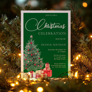 Invitación Con Relieve Metalizado Árbol festivo fiesta de Navidad verde y plata