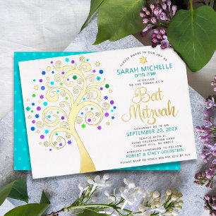 Invitación Con Relieve Metalizado Árbol Turquesa de Bat Mitzvah o Escritura de Vida