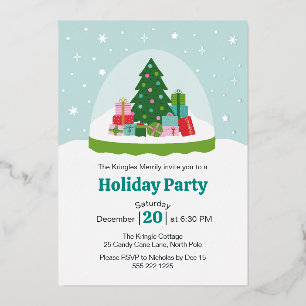 Invitación Con Relieve Metalizado Árboles Caprichosos y Regalos Globo de Nieve en Az