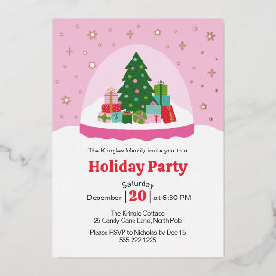 Invitación Con Relieve Metalizado Árboles Caprichosos y Regalos Globo de Nieve en Ro