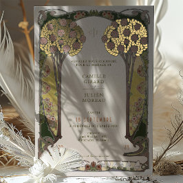 Invitación Con Relieve Metalizado Árboles de Amor en Flor de Boda Victoriana