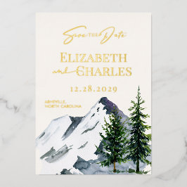 Invitación Con Relieve Metalizado Árboles De Invierno Montañas Fiesta Guarde La Fech