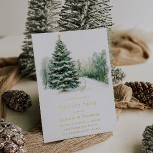 Invitación Con Relieve Metalizado Árboles de Navidad nevados Fiesta de Navidad con p