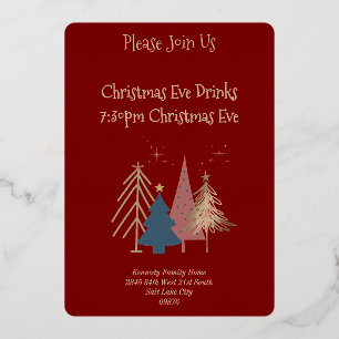 Invitación Con Relieve Metalizado Árboles de Navidad Rojo Intenso 4 Verde Rosa Dorad