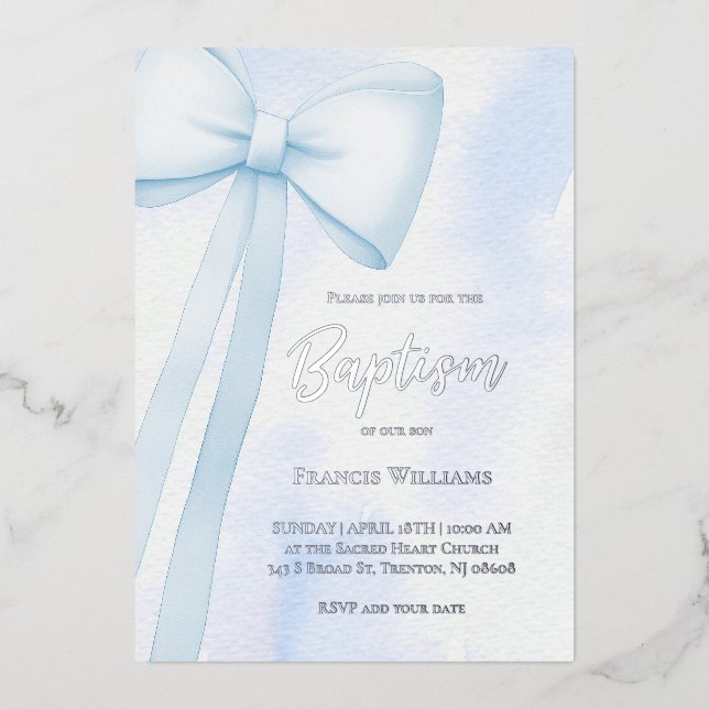 Invitación Con Relieve Metalizado arco azul | Bautismo (Anverso)