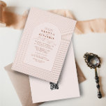 Invitación Con Relieve Metalizado Arco Boda de Boho Terracotta Rubor y código QR RSV<br><div class="desc">Un diseño único con múltiples y delicadas líneas de arco que rodean la información de la invitación a la boda en Relieve metalizado de oro rosa sellado, sobre un rosa suave/rubio con todo el texto en terracota. En la parte posterior, agregue los detalles de su boda y la información de...</div>