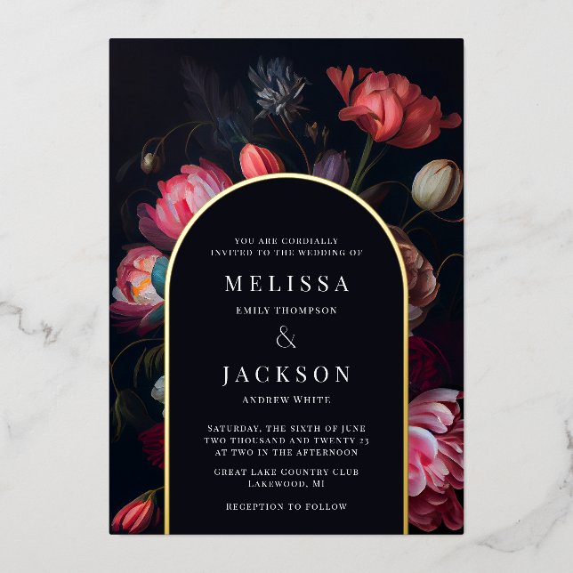 Invitación Con Relieve Metalizado Arco Boda floral de Moody Peony (Anverso)