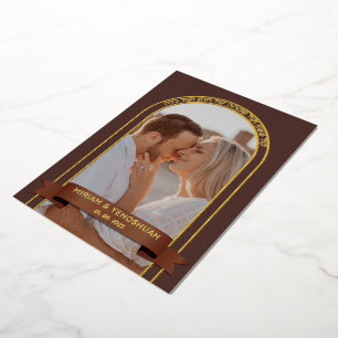 Invitación Con Relieve Metalizado Arco Boho Terroso Foto Chuppah Judío Hebreo