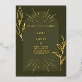 Invitación Con Relieve Metalizado Arco de arte de línea verde botánico