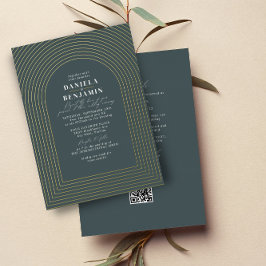 Invitación Con Relieve Metalizado Arco de boda boho verde oscuro y código QR de RSVP