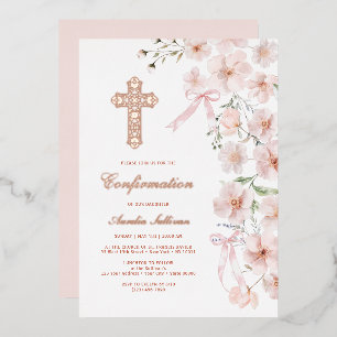 Invitación Con Relieve Metalizado Arco de Confirmación de Flores Silvestres Rosadas