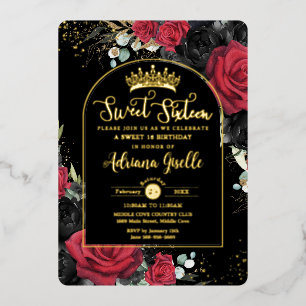 Invitación Con Relieve Metalizado Arco de cumpleaños número 16 de Rosas Rojas Negras
