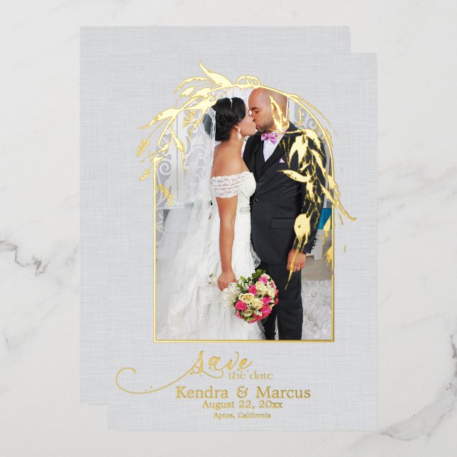 Invitación Con Relieve Metalizado Arco de Eucalipto Polvo Azul Terroso TU FOTO (Anverso/Reverso)