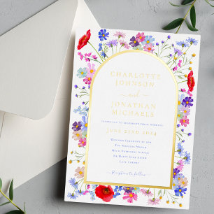 Invitación Con Relieve Metalizado Arco de flores silvestres elegante y colorido dora