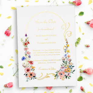Invitación Con Relieve Metalizado Arco de flores silvestres para boda Save the Date
