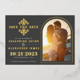 Invitación Con Relieve Metalizado Arco de Foto Dorado y Negro Elegante Salva la Fe