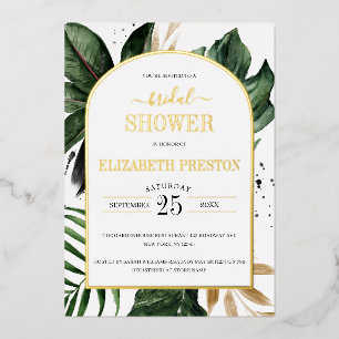 Invitación Con Relieve Metalizado Arco de hojas tropicales reales para ducha de novi