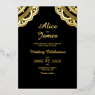 Invitación Con Relieve Metalizado Arco de Mandala Dual Elegante Boda de Oro Negro