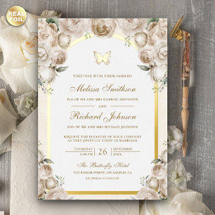 Invitación Con Relieve Metalizado Arco de mariposa de boda floral crema de marfil do
