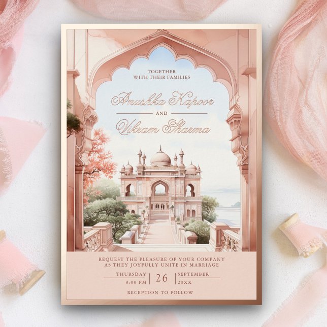 Invitación Con Relieve Metalizado Arco de Mármol rosa Palacio Indio Boda Rosa Oro (Subido por el creador)