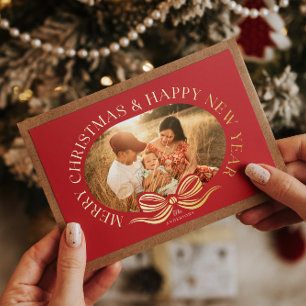Invitación Con Relieve Metalizado Arco de Navidad Rojo Merry Christmas Foil Dorado T
