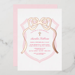 Invitación Con Relieve Metalizado Arco de oro rosa Crest rosa Bautizo