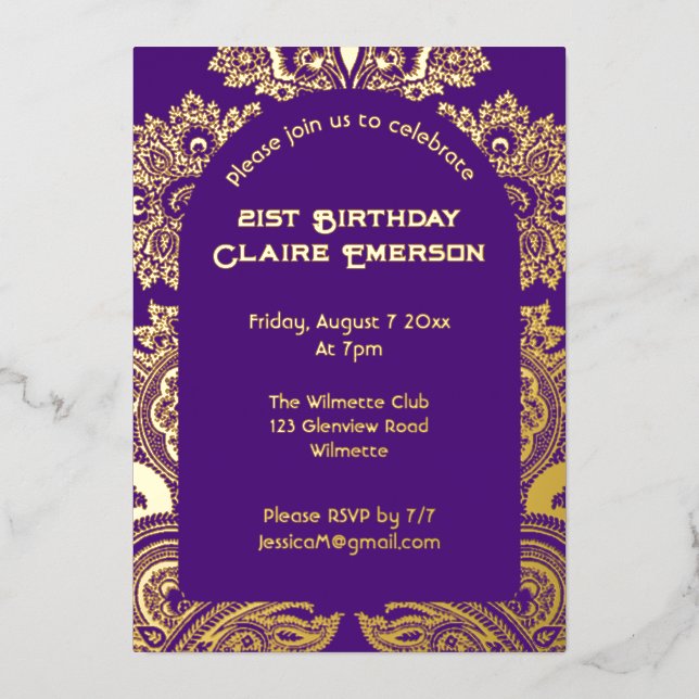 Invitación Con Relieve Metalizado arco de paisley (Anverso)