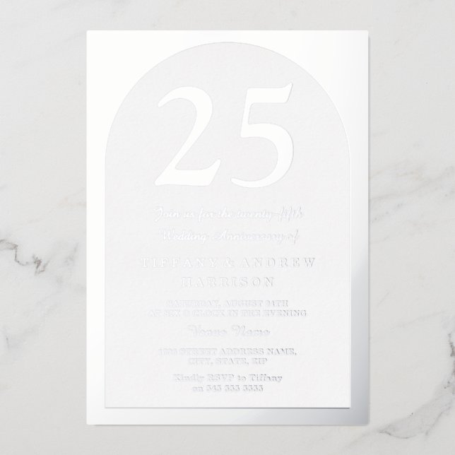 Invitación Con Relieve Metalizado Arco de plata 25 aniversario de boda plata (Anverso)