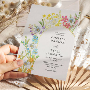 Invitación Con Relieve Metalizado Arco de pradera de flores silvestres elegante boda