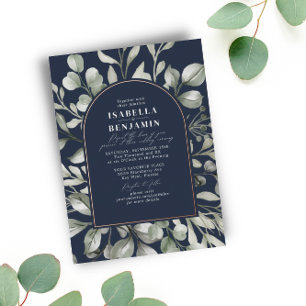 Invitación Con Relieve Metalizado Arco de Verde Eucalipto Azul Marino Boda Oro Rosa