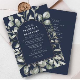 Invitación Con Relieve Metalizado Arco de Verdor Navy RSVP Código QR Boda Rosa Oro