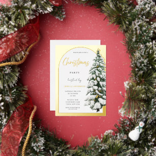 Invitación Con Relieve Metalizado Arco Dorado Árbol Nevado Fiesta de Navidad de Oro