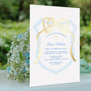 Invitación Con Relieve Metalizado Arco Dorado Cresta Azul Claro Bautizo