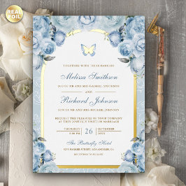 Invitación Con Relieve Metalizado Arco Floral Azul Suave Mariposa Boda Dorado