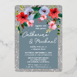 Invitación Con Relieve Metalizado Arco floral de color Purpurina de plata azul turqu