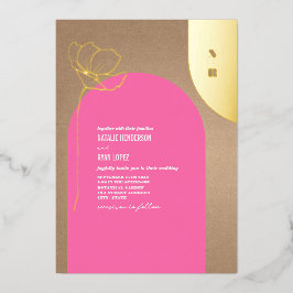 Invitación Con Relieve Metalizado Arco Floral de Monograma de Hoja de Oro Rosa Calie