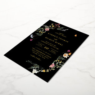Invitación Con Relieve Metalizado Arco floral de pradera salvaje Marco negro boda