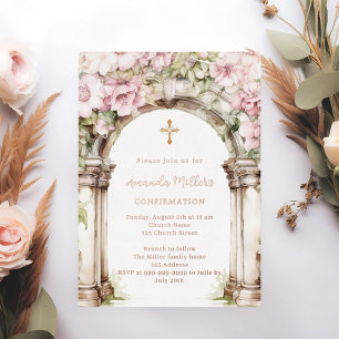 Invitación Con Relieve Metalizado Arco floral rosa de confirmación beige y oro rosa