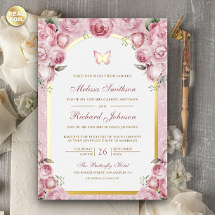Invitación Con Relieve Metalizado Arco Floral Rosa Rubor Mariposa Boda Dorado