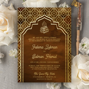 Invitación Con Relieve Metalizado Arco Marroquí Marrón Boda Musulmana Hoja de Oro