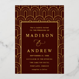 Invitación Con Relieve Metalizado Arco moderno Deco Borgoña y Boda de oro