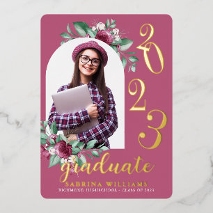 Invitación Con Relieve Metalizado Arco moderno   Graduación de fotos moradas florale