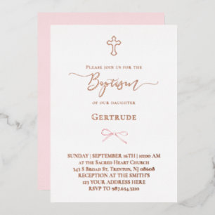 Invitación Con Relieve Metalizado arco pequeño rosa real Bautizo