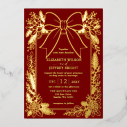Invitación Con Relieve Metalizado Arco Rojo Botánico Floral Invierno Navidad Boda