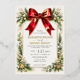 Invitación Con Relieve Metalizado Arco Rojo Botánico Floral Invierno Navidad Boda