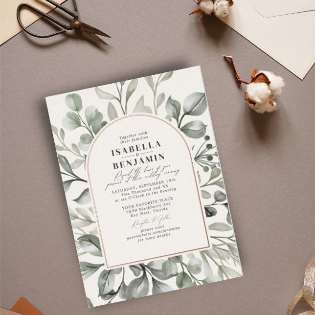 Invitación Con Relieve Metalizado Arco verde Eucalyptus Rosa Boda marfil (Subido por el creador)