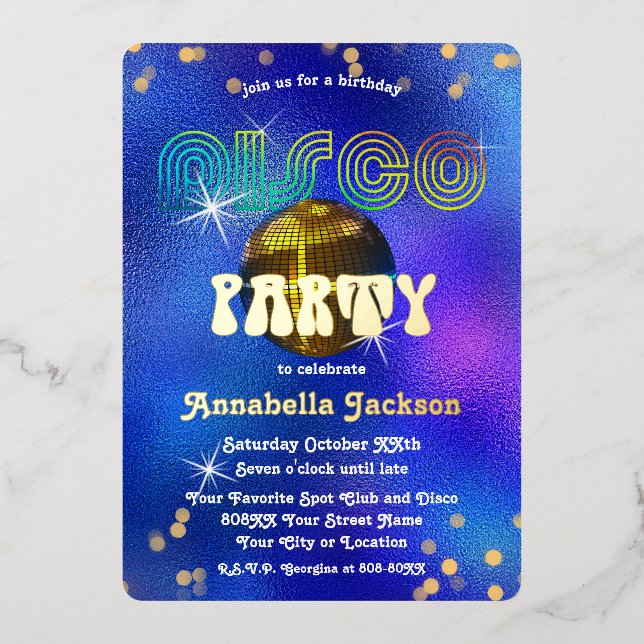 Invitación Con Relieve Metalizado Arcoiris y oro en Funky Blue Disco Fiesta (Anverso)