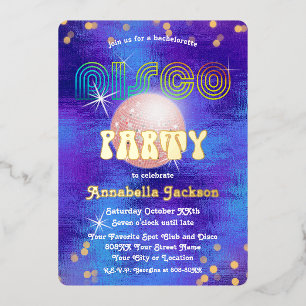 Invitación Con Relieve Metalizado Arcoiris y oro en Funky Purple Disco Fiesta