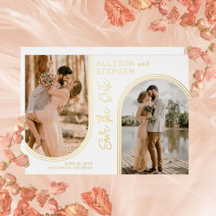 Invitación Con Relieve Metalizado Arcos Invertidos Dos Fotos Boda Guardar la Fecha